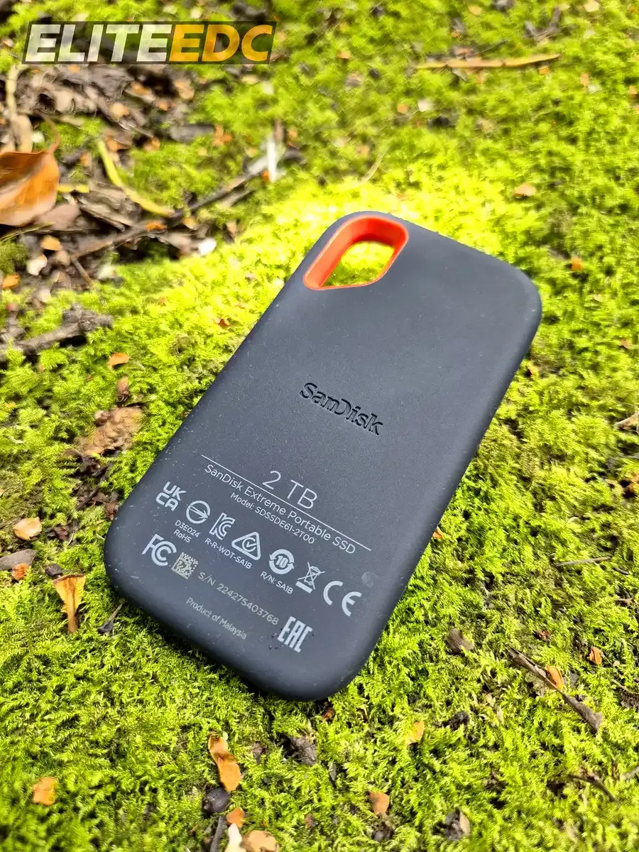 SanDisk Extreme Portable SSD V2 back detail showing 2TB model number