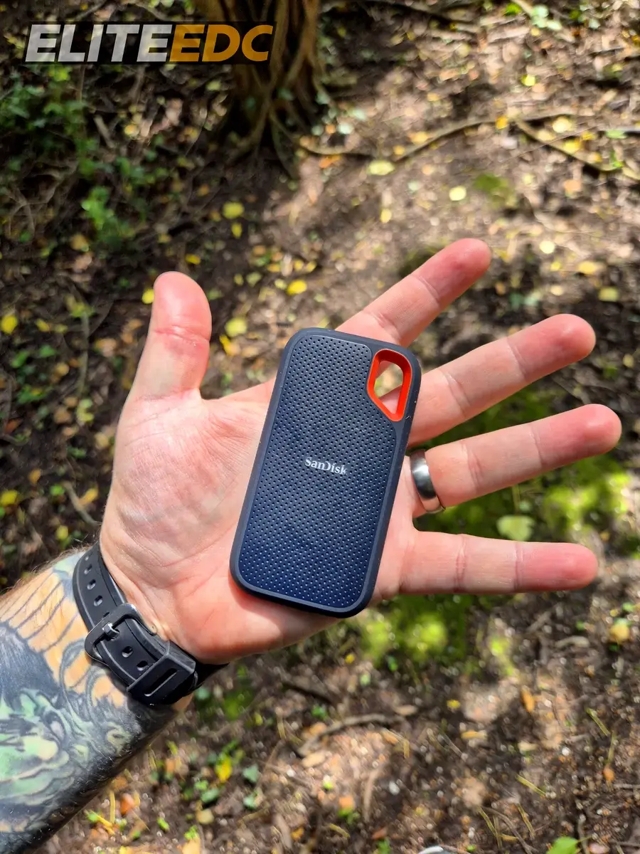 SanDisk Extreme Portable SSD V2 2TB held in hand showing compact size