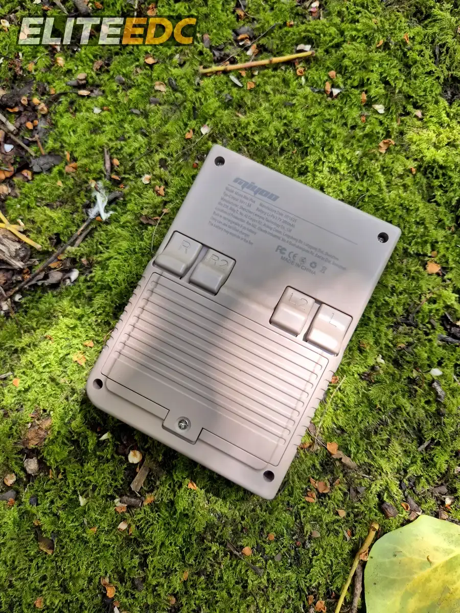 Miyoo Mini Plus back view showing shoulder button layout