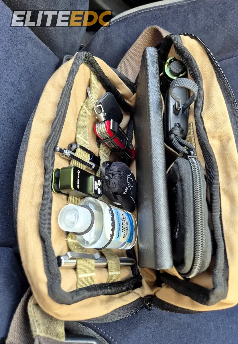 NutSac Speed Sling open with A5 notebook inside