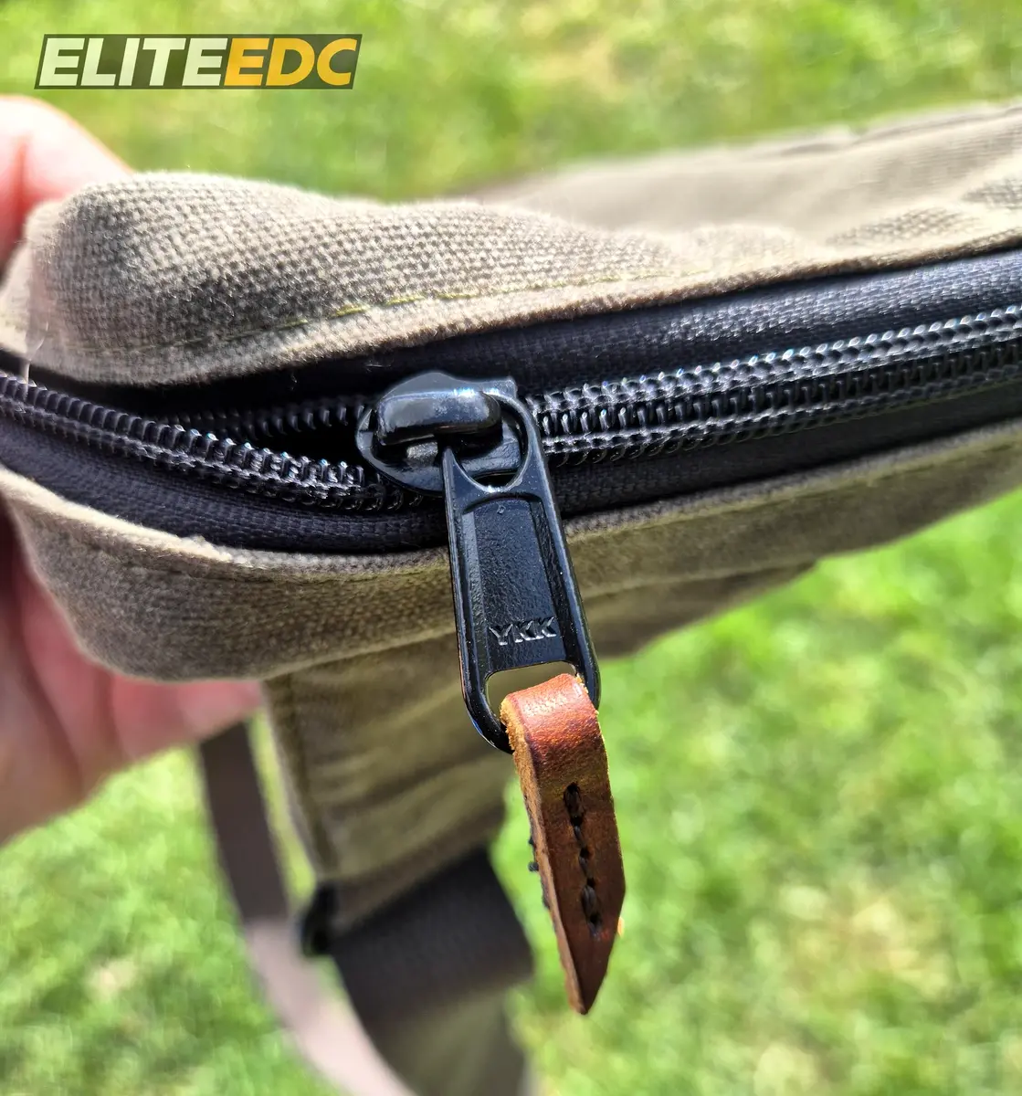 NutSac Speed Sling YKK zipper and leather pull detail