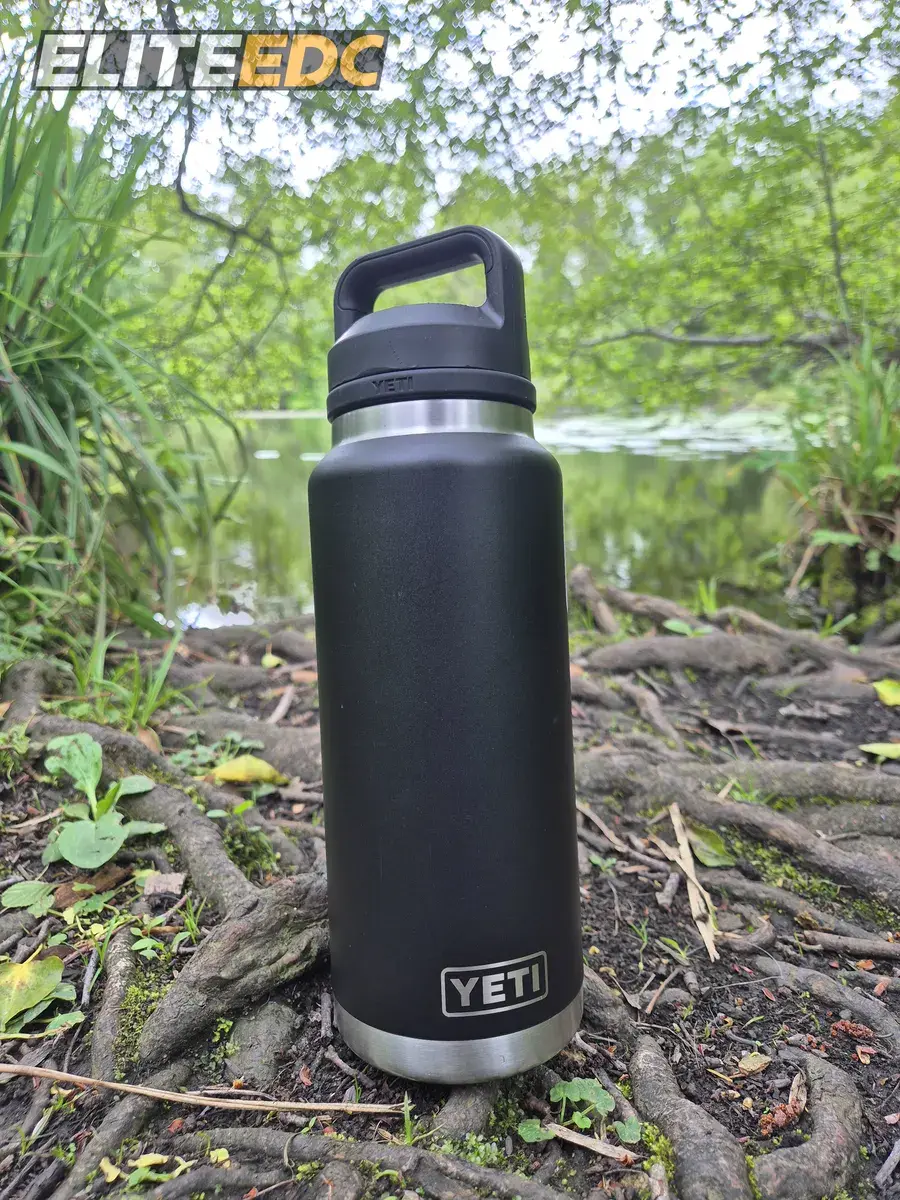 Yeti Rambler 36oz in black, out on a walk